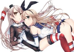 Rule 34 | 10s, 2girls, amatsukaze (kancolle), arched back, back, between legs, black bow, black dress, black panties, blonde hair, blue skirt, blush, bow, brown eyes, choker, closed mouth, crop top, dress, eyebrows, floating hair, garter straps, gloves, green eyes, hair between eyes, hair tubes, hairband, highleg, highleg panties, highres, holding hands, interlocked fingers, kantai collection, kitasaya ai, leaning back, leaning forward, leaning on person, lifebuoy, long hair, looking at viewer, microskirt, miniskirt, multiple girls, panties, parted lips, red legwear, sailor collar, sailor dress, shimakaze (kancolle), short dress, silver hair, simple background, sitting, skirt, sleeveless, striped clothes, striped legwear, striped thighhighs, swim ring, tassel, thighhighs, thong, two side up, underwear, white background, white gloves