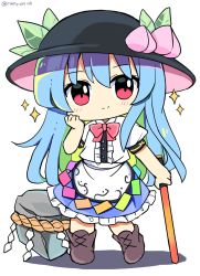 Rule 34 | 1girl, black headwear, blue hair, blue skirt, boots, bow, bowtie, brown footwear, closed mouth, food, fruit, full body, hand on own face, highres, hinanawi tenshi, holding, holding sword, holding weapon, keystone, leaf, long hair, looking at viewer, peach, puffy short sleeves, puffy sleeves, rainbow order, ramudia (lamyun), red bow, red bowtie, red eyes, rope, short sleeves, simple background, skirt, smile, solo, standing, star (symbol), sword, sword of hisou, touhou, twitter username, weapon, white background