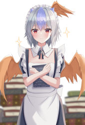 Rule 34 | 1girl, absurdres, aohane, bird wings, blurry, blurry background, book, closed mouth, cowboy shot, detached collar, grey hair, head wings, highres, looking at viewer, maid, maid headdress, menu board, multicolored hair, purple hair, red eyes, red wings, single head wing, smile, solo, standing, star (symbol), tokiko (touhou), touhou, two-tone hair, wings