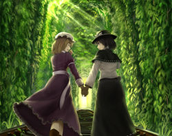 Rule 34 | 2girls, alternate hair length, alternate hairstyle, armband, black capelet, black skirt, blonde hair, boots, brown eyes, brown hair, capelet, commentary request, cropped legs, day, dress, facing another, forest, from behind, from below, hair ribbon, holding hands, hand on own face, hat, hat ribbon, highres, knee boots, light rays, long sleeves, looking at another, luke (kyeftss), maribel hearn, medium hair, mob cap, multiple girls, nature, outdoors, purple dress, ribbon, sash, shirt, short hair, skirt, stairs, stone stairs, sunbeam, sunlight, touhou, tress ribbon, usami renko, walking away, white shirt