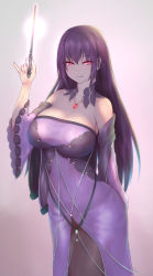 Rule 34 | 1girl, :q, arm behind back, bare shoulders, breasts, brooch, cleavage, closed mouth, detached collar, detached sleeves, dress, fate/grand order, fate (series), female focus, grey pantyhose, hair between eyes, hand up, jewelry, large breasts, lavender detached sleeves, lavender dress, long hair, long sleeves, looking at viewer, neck, necklace, nikuku (kazedesune), pantyhose, purple hair, red eyes, scathach (fate), scathach skadi (fate), smile, solo, standing, strapless, strapless dress, tongue, tongue out, type-moon, wand, wide sleeves
