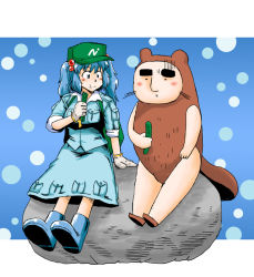 Rule 34 | 1girl, arm support, azuki osamitsu, blue eyes, blue hair, crossover, cucumber, eating, eyebrows, gloves, hair bobbles, hair ornament, hat, kawashiro nitori, kawauso-kun, key, long hair, otter, rock, shaded face, sitting, sitting on rock, sleeves rolled up, tail, thick eyebrows, touhou, twintails, two side up, utsurun desu.