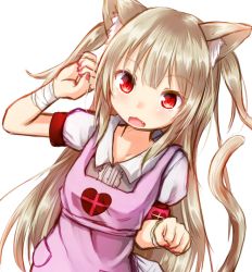 Rule 34 | 1girl, animal ear fluff, animal ears, apron, arm up, armband, bandages, bandaged arm, bandages, baram, blush, cat ears, cat girl, cat tail, collared shirt, dutch angle, fang, fingernails, heart, kemonomimi mode, light brown hair, long hair, looking at viewer, nail polish, natori sana, open mouth, pink apron, puffy short sleeves, puffy sleeves, red eyes, red nails, sana channel, shirt, short sleeves, simple background, skirt, solo, tail, tail raised, two side up, very long hair, virtual youtuber, white background, white shirt, white skirt