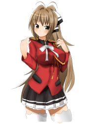 Rule 34 | 10s, 1girl, absurdres, aiguillette, amagi brilliant park, bad id, bad pixiv id, blush, breasts, brown eyes, brown hair, female focus, highres, kazenoko, large breasts, long hair, looking at viewer, sento isuzu, simple background, skirt, solo, thighhighs, white background, white thighhighs