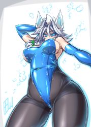 Rule 34 | 1girl, arm behind head, bare shoulders, black pantyhose, blue eyes, blue leotard, braid, breasts, breasts apart, cameltoe, covered erect nipples, covered navel, detached sleeves, from below, grey hair, highleg, highres, izayoi sakuya, large breasts, legs apart, leotard, looking down, maid headdress, no bra, pantyhose, parted bangs, signature, simple background, solo, tajima yuuki, thick thighs, thighs, touhou, twin braids, underboob, wet, wet clothes