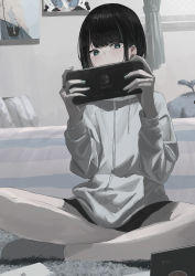 Rule 34 | 1girl, 38 (sanjuuhachi), absurdres, bare legs, bedroom, black hair, blue eyes, blue nails, blush, carpet, cellphone, commentary request, controller, crossed legs, drawstring, game controller, grey socks, hands up, highres, holding, holding controller, holding game controller, hood, hoodie, indoors, jewelry, long sleeves, nail polish, nintendo switch, no shoes, original, phone, pillow, ring, sitting, smartphone, socks, solo, white hoodie