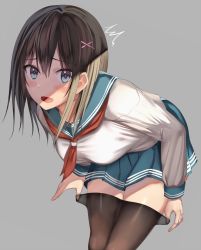 Rule 34 | 1girl, black hair, black pantyhose, blue eyes, blue sailor collar, blue skirt, blush, breasts, clothes pull, commentary request, grey background, hair between eyes, hair ornament, kureha (ironika), legs together, long hair, long sleeves, medium breasts, neckerchief, open mouth, original, pantyhose, pantyhose pull, pleated skirt, pulling own clothes, red neckerchief, sailor collar, school uniform, serafuku, shirt, simple background, skirt, solo, standing, white shirt, x hair ornament
