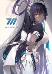 Rule 34 | 1girl, ahoge, black hair, blue archive, blush, breasts, closed mouth, dark-skinned female, dark skin, from behind, gloves, gradient hair, halo, highres, ika (4801055), karin (blue archive), large breasts, long hair, looking at viewer, maid, maid headdress, multicolored hair, pantyhose, puffy short sleeves, puffy sleeves, purple hair, purple halo, short sleeves, solo, very long hair, white gloves, white pantyhose, yellow eyes