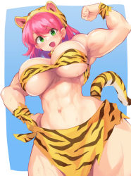 Rule 34 | 1girl, abs, absurdres, amorphous, animal print, arm pump, arm up, armpits, berserker (final fantasy), blue background, blush, border, breasts, commission, covered erect nipples, earrings, fake tail, final fantasy, final fantasy v, from below, hand on own hip, highres, jewelry, large breasts, lenna charlotte tycoon, loincloth, looking at viewer, looking down, muscular, muscular female, navel, open mouth, pink hair, short hair, skeb commission, solo, stomach, sweat, sweatdrop, tail, tiger print, tiger tail, underboob, white border