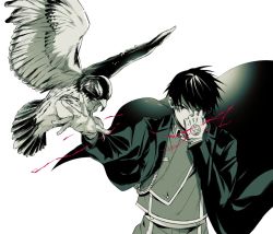 Rule 34 | 1boy, aiguillette, amestris military uniform, animal, animal on arm, bad id, bad twitter id, bird, bird on arm, black coat, black eyes, black hair, black theme, coat, collared jacket, covering own mouth, electricity, expressionless, floating hair, flying, fullmetal alchemist, gloves, glowing, glowing eyes, greyscale, hand on own face, hand up, hawk, jacket, looking afar, maico (pmicimp), male focus, military, military uniform, monochrome, open clothes, open coat, roy mustang, shaded face, simple background, spot color, standing, uniform, upper body, white background, white gloves