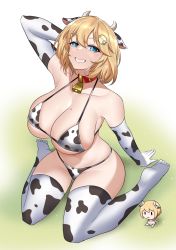 Rule 34 | 1girl, absurdres, altronage, animal print, arm behind head, arm support, arm up, bell, bikini, blonde hair, blue eyes, breasts, collar, cow print, cowbell, elbow gloves, gloves, hair ornament, highres, hololive, hololive english, large breasts, mole, mole on breast, navel, neck bell, print bikini, print gloves, print thighhighs, red collar, short hair, sitting, solo, swimsuit, thighhighs, thighs, virtual youtuber, wariza, watson amelia
