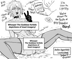 Rule 34 | 1girl, absurdres, aelin agarithil (bb (baalbuddy)), ahegao, bb (baalbuddy), censored, censored by text, choker, commentary, commission, dark-skinned female, dark elf, dark skin, earrings, elf, english commentary, english text, gloves, greyscale, heart, highres, instant loss, jewelry, monochrome, nude, original, out of frame, parody, pointy ears, rolling eyes, short hair, simple background, solo focus, spoon, spread legs, suggestive fluid, thighhighs, tongue, tongue out, v, white background, yogurt