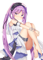 Rule 34 | 1girl, aroma0501, bare shoulders, barefoot, black hairband, blush, closed mouth, commentary request, dress, euryale (fate), fate/grand order, fate/hollow ataraxia, fate (series), fingernails, flower, frilled hairband, frills, hairband, highres, long hair, looking at viewer, looking to the side, pink flower, pink rose, purple eyes, purple hair, rose, sidelocks, simple background, sitting, sleeveless, sleeveless dress, smile, solo, toenails, twintails, very long hair, white background, white dress
