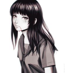 Rule 34 | 1girl, bad id, bad pixiv id, bags under eyes, blood, blood from mouth, blood on clothes, blunt bangs, closed mouth, commentary, expressionless, greyscale, highres, hitsuji no uta, japanese clothes, lips, long hair, looking at viewer, miura-n315, mole, mole under eye, monochrome, nose, sailor collar, school uniform, serafuku, simple background, solo, spot color, takashiro chizuna, twitter username, white background