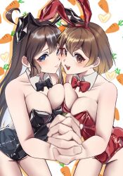 Rule 34 | 2girls, animal ears, breasts, brown hair, carrot, detached collar, fake animal ears, highres, hod (project moon), holding hands, large breasts, leotard, long hair, malkuth (project moon), multiple girls, nomuyo pm, playboy bunny, project moon, rabbit ears, strapless, strapless leotard
