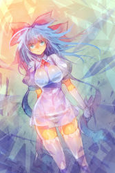 Rule 34 | 1girl, adapted costume, alternate breast size, alternate hairstyle, blue eyes, blue hair, bow, breasts, cirno, cirno-nee, cleavage, hair bow, highres, large breasts, long hair, mamuru, matching hair/eyes, aged up, see-through, skindentation, smile, solo, thighhighs, touhou, white thighhighs