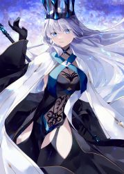 Rule 34 | 1girl, absurdres, black bow, black dress, black gloves, blue eyes, bow, braid, breasts, center opening, closed mouth, clothing cutout, covered navel, crown, detached sleeves, dress, fate/grand order, fate (series), french braid, garter straps, gloves, hair between eyes, highres, holding, holding weapon, large breasts, long hair, long sleeves, looking at viewer, misaki346, morgan le fay (fate), morgan le fay (queen of winter) (fate), solo, stomach cutout, thighhighs, two-tone dress, weapon, white hair