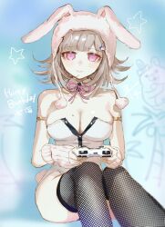 Rule 34 | 1girl, animal ears, animal hood, armlet, bare shoulders, breasts, cleavage, controller, danganronpa (series), danganronpa 2: goodbye despair, detached collar, fake animal ears, fishnet thighhighs, fishnets, galaga, highres, holding, holding controller, hood, large breasts, mole, mole on breast, nanami chiaki, neck ribbon, official alternate costume, pink eyes, pink ribbon, rabbit hood, rabbit tail, ribbon, sitting, skindentation, tail, talesofmea, thighhighs
