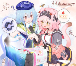Rule 34 | :q, ?, animal ears, arknights, black bow, black hairband, black shorts, black skirt, blue cloak, blue hair, book, bow, bracelet, cake, cake slice, cat ears, cat girl, cat tail, cloak, closed mouth, commentary request, creator connection, english text, food, goldenglow (arknights), hair between eyes, hair bow, hairband, highres, holding, holding book, holding menu, infection monitor (arknights), jacket, jewelry, lightning bolt symbol, long sleeves, menu, mizuki (arknights), open mouth, pcaccount13, pink hair, pink jacket, red eyes, shirt, shorts, skirt, speech bubble, spoken food, tail, tongue, tongue out, white shirt, yellow eyes