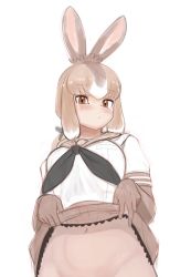 Rule 34 | 1girl, :&lt;, animal ears, blush, breast pocket, breasts, brown eyes, brown hair, closed mouth, clothes lift, commentary, elbow gloves, flashing, furrowed brow, gloves, groin, hair ribbon, highres, japanese hare (kemono friends), kemono friends, large breasts, lifted by self, light brown hair, long hair, looking at viewer, multicolored hair, navel, neckerchief, out-of-frame censoring, pocket, rabbit ears, ribbon, sailor collar, school uniform, serafuku, shibori kasu, shirt, short sleeves, simple background, sketch, skirt, skirt lift, solo, stomach, symbol-only commentary, taut clothes, taut shirt, upper body, white hair