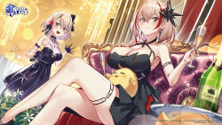 Rule 34 | 2girls, :d, = =, alcohol, arm strap, armlet, azur lane, black bow, black dress, black gloves, blonde hair, blue eyes, blush, bow, breasts, brown eyes, champagne, champagne bottle, champagne flute, character request, cleavage, closed mouth, couch, creature, cross, crossed legs, cup, dress, drinking glass, earrings, flower, gloves, hair bow, hair flower, hair ornament, highres, holding, holding cup, indoors, iron cross, jewelry, large breasts, legs, lens flare, looking at viewer, manjuu (azur lane), medium breasts, multicolored hair, multiple girls, nail polish, necklace, official alternate costume, official art, on couch, open mouth, red flower, red hair, red nails, roon (azur lane), roon (dark red grin) (azur lane), short hair, sleeveless, sleeveless dress, smile, standing, streaked hair, takamine nadare, thighlet, tray, two-tone hair, waving, z23 (azur lane), z23 (the banquet&#039;s honor student) (azur lane)