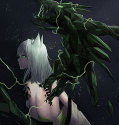 Rule 34 | 1girl, absurdres, animal ears, arknights, bare back, black background, cat ears, caterpillar (user xkvd7777), commentary, crystal, detached sleeves, dragon, electricity, from behind, glowing, glowing eye, green eyes, hair between eyes, highres, kal&#039;tsit (arknights), long sleeves, looking at viewer, looking back, material growth, oripathy lesion (arknights), parted lips, short hair, sidelocks, silver hair, simple background, solo, wide sleeves