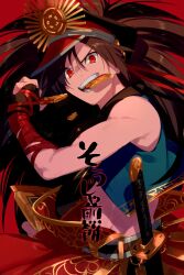 Rule 34 | 1boy, belt, black gloves, black hair, black hat, cape, crop top, echo (circa), fate/grand order, fate (series), fingerless gloves, gloves, gold trim, hair over one eye, hat, koha-ace, long hair, looking at viewer, male focus, midriff, mouth hold, oda kippoushi (fate), oda nobunaga (fate), oda uri, peaked cap, ponytail, red cape, red eyes, smile, translation request, waist cape