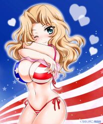 Rule 34 | 1girl, american flag, american flag bikini, american flag print, bikini, blonde hair, blue eyes, breasts, camisole, cleavage, closed mouth, clothes lift, cowboy shot, flag background, flag print, girls und panzer, hair intakes, highres, kay (girls und panzer), kuromori yako, large breasts, long hair, looking at viewer, navel, no pants, one eye closed, pink shirt, print bikini, revision, shirt, shirt lift, side-tie bikini bottom, smile, solo, standing, stomach, swimsuit