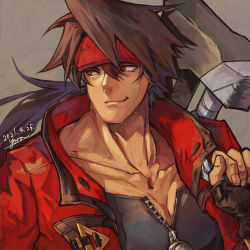 Rule 34 | 1boy, brown hair, fingerless gloves, gloves, grin, guilty gear, headband, highres, jacket, red eyes, signature, smile, sol badguy, solo, yora