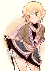 Rule 34 | 1girl, arm warmers, atoki, blonde hair, bloomers, clothes lift, female focus, mizuhashi parsee, pointy ears, scarf, short hair, skirt, skirt lift, solo, touhou, underwear, yellow eyes
