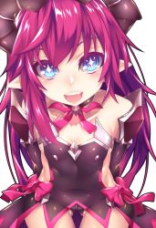 Rule 34 | 1girl, :d, alternate hair color, blue eyes, bow, choker, elsword, fi-san, horns, leotard, long hair, luciela r. sourcream, open mouth, pointy ears, red bow, red hair, smile, solo, symbol-shaped pupils, transparent background