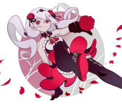 Rule 34 | 1girl, bare shoulders, black footwear, black gloves, boots, closed mouth, draft (caogao), flower, gloves, hair between eyes, hair flower, hair ornament, highres, honkai (series), honkai impact 3rd, long hair, looking at viewer, petals, red eyes, red flower, red rose, rose, simple background, smile, soles, solo, theresa apocalypse, theresa apocalypse (luna kindred), thigh boots, thighhighs, twintails, white background, white hair