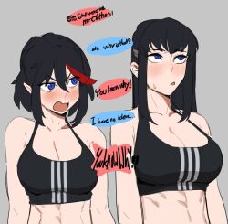 Rule 34 | 2girls, alternate costume, bare shoulders, black hair, blue eyes, blush, breasts, cleavage, commentary, crop top, english text, grey background, hair between eyes, hong doo, kill la kill, kiryuuin satsuki, large breasts, long hair, looking up, matoi ryuuko, medium support (meme), multiple girls, pointy ears, red hair, short hair, siblings, sideways glance, simple background, sisters, speech bubble, sweatdrop, symbol-only commentary, upper body