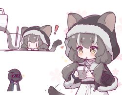Rule 34 | !, 1girl, 1other, arknights, black capelet, brown eyes, brown hair, capelet, commentary, cup, doctor (arknights), dress, drinking glass, drinking straw, ears through headwear, english commentary, fur-trimmed capelet, fur-trimmed hood, fur trim, hair over shoulder, heart, holding, holding cup, honeyberry (arknights), hood, hood up, hooded capelet, kurotofu, long hair, low twintails, multicolored hair, short eyebrows, sparkle, speed lines, star-shaped pupils, star (symbol), streaked hair, symbol-shaped pupils, tail, thick eyebrows, twintails, white background, white dress, white hair, | |