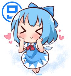 Rule 34 | &gt; &lt;, 1girl, blue bow, blue dress, blue hair, blush, bow, chibi, circled 9, cirno, closed eyes, closed mouth, collared shirt, commentary request, dress, facing viewer, full body, hair bow, hana kazari, hands on own cheeks, hands on own face, heart, ice, ice wings, puffy short sleeves, puffy sleeves, red neckwear, shirt, short hair, short sleeves, sleeveless, sleeveless dress, smile, solo, touhou, white shirt, wings
