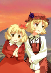 Rule 34 | 2girls, :p, aki minoriko, aki shizuha, apron, arm grab, bad id, blonde hair, brown hair, female focus, food, fruit, grapes, hair ornament, hair ribbon, own hands clasped, hat, leaf, leaf hair ornament, looking at viewer, mountain, multiple girls, open mouth, own hands together, red sky, ribbon, shirt, short hair, siblings, sisters, skirt, skirt set, sky, smile, tongue, tongue out, touhou, umekichi, yellow eyes