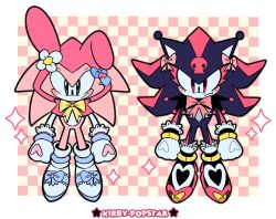 2boys animal_ear_hood bow character_hood checkered_background cosplay fake_animal_ears frills furry furry_male highres hood kirby_popstar kuromi kuromi_(cosplay) male_focus multiple_boys my_melody my_melody_(cosplay) pink_bow ribbon shadow_the_hedgehog sonic_(series) sonic_the_hedgehog yellow_ribbon