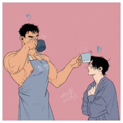 Rule 34 | !?, 2boys, ?, apron, artist name, bara, black hair, blush, couple, cup, grey apron, holding, holding cup, kashikahaya, large pectorals, looking at another, male focus, multiple boys, muscular, muscular male, nipples, original, pectorals, short hair, simple background, yaoi
