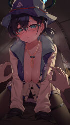 Rule 34 | 1boy, 2girls, absurdres, black hair, blue-framed eyewear, blue archive, blue eyes, blue halo, breasts, chihiro (blue archive), chihiro (camp) (blue archive), cleavage, collarbone, commentary request, girl on top, hair between eyes, halo, hat, hetero, highres, kotama (blue archive), kotama (camp) (blue archive), large breasts, long sleeves, looking at viewer, multiple girls, official alternate costume, peeking, pizza (pizzania company), pov, shirt, short hair, short twintails, solo focus, sweat, sweatdrop, twintails, white shirt