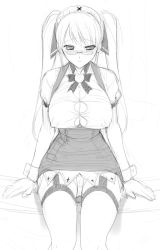 Rule 34 | 1girl, blush, breasts, bursting breasts, cecilia, cecilia (pangya), cleavage, covered erect nipples, glasses, greyscale, hima, hip focus, large breasts, monochrome, pangya, pencil skirt, sketch, skirt, solo, thighhighs, wide hips