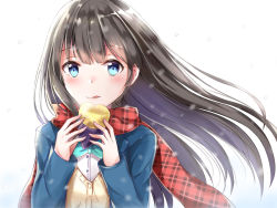 Rule 34 | 1girl, :q, aqua bow, aqua bowtie, bad id, bad pixiv id, blazer, blue eyes, blush, bow, bowtie, brown hair, cardigan, eating, food, holding, holding food, jacket, long hair, looking at viewer, original, plaid, plaid scarf, red scarf, roasted sweet potato, scarf, school uniform, shirt, snow, solo, steam, sweet potato, tailam, tongue, tongue out, upper body, white background, white shirt, wind