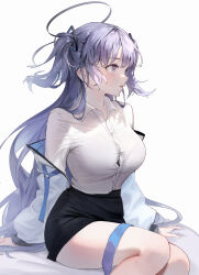 Rule 34 | 1girl, absurdres, bbul horn, black skirt, blue archive, breasts, collared shirt, halo, highres, jacket, large breasts, long hair, miniskirt, necktie, unworn necktie, off shoulder, parted lips, pencil skirt, purple eyes, purple hair, shirt, shirt tucked in, sitting, skirt, solo, thighs, two side up, very long hair, white background, white jacket, white shirt, yuuka (blue archive)