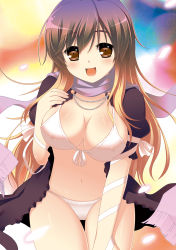 Rule 34 | 1girl, absurdres, bikini, blush, bra, breasts, brown eyes, brown hair, cleavage, covered erect nipples, cpu (hexivision), dress, female focus, front-tie top, gradient hair, highres, hijiri byakuren, large breasts, lingerie, long hair, looking at viewer, multicolored hair, navel, open clothes, open dress, open mouth, panties, ribbon, scarf, shiny skin, solo, swimsuit, thigh gap, touhou, underwear, white bikini, yellow eyes