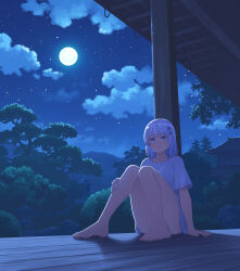 Rule 34 | 1girl, absurdres, architecture, barefoot, blue eyes, commentary request, convenient censoring, east asian architecture, full body, full moon, highres, moon, night, night sky, no pants, onita, original, outdoors, scenery, sitting, sky, solo, tree, white hair