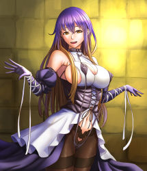 Rule 34 | 1girl, alternate costume, arm belt, backlighting, blonde hair, breasts, cleavage, cleavage cutout, clothing cutout, collar, corset, covered erect nipples, crotch cutout, detached sleeves, dress, female focus, gradient hair, hands up, highres, hijiri byakuren, hip focus, large breasts, layered dress, light, long hair, looking at viewer, looking to the side, multicolored hair, navel, open mouth, purple hair, revealing clothes, ribbon, skindentation, smile, solo, stone wall, teeth, thighs, tongue, touhou, very long hair, vol.7, wall, white dress, yellow eyes