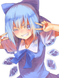 Rule 34 | 1girl, blue eyes, blue hair, blush, bow, cirno, double v, grin, hair ornament, hair ribbon, ice, ice wings, looking at viewer, matching hair/eyes, mister rhino (wangzisama1001), one eye closed, ribbon, shirt, short hair, short sleeves, simple background, skirt, smile, solo, touhou, upper body, v, vest, white background, wings