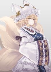 Rule 34 | 1girl, animal ears, blonde hair, blush, closed mouth, dress, fox ears, fox tail, grey background, hands in opposite sleeves, hat, highres, mob cap, multiple tails, sarasadou dan, short hair, simple background, sleeves past fingers, sleeves past wrists, solo, tabard, tail, touhou, white dress, white hat, wide sleeves, yakumo ran, yellow eyes