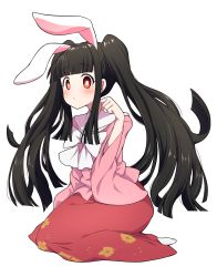 Rule 34 | 1girl, alternate hairstyle, animal ears, black hair, blunt bangs, blush, bow, bowtie, commentary request, hand up, highres, houraisan kaguya, kemonomimi mode, leaf print, long hair, long skirt, long sleeves, looking at viewer, paw pose, pink shirt, rabbit ears, red eyes, red skirt, shirt, sidelocks, simple background, sitting, skirt, socks, solo, touhou, tsukimirin, twintails, very long hair, wariza, white background, white bow, white bowtie, white socks, wide sleeves