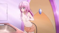 Rule 34 | 10s, 1girl, animated, animated gif, bathroom, blush, breast press, breasts, demon tail, indoors, long hair, nana asta deviluke, nipples, pink hair, purple eyes, screencap, shorts, small breasts, solo, standing, tail, to love-ru, to love-ru darkness, topless