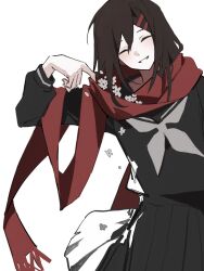 Rule 34 | 1girl, ^ ^, black sailor collar, black serafuku, black skirt, brown hair, closed eyes, commentary, enpera, facing viewer, flower, hair between eyes, hair ornament, hairclip, highres, index finger raised, kagerou project, long scarf, long sleeves, mekakucity actors, neckerchief, open mouth, pale skin, parted lips, pleated skirt, red scarf, sailor collar, scarf, school uniform, serafuku, simple background, skirt, sleeve cuffs, smile, solo, symbol-only commentary, t1213121, tateyama ayano, teeth, white background, white flower, white neckerchief